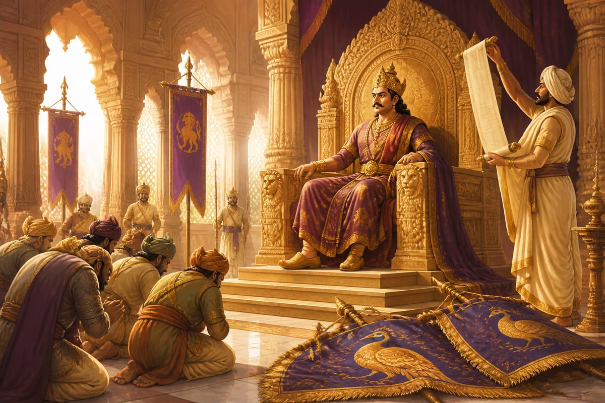 Emperor Dantidurga receiving imperial titles in the audience hall