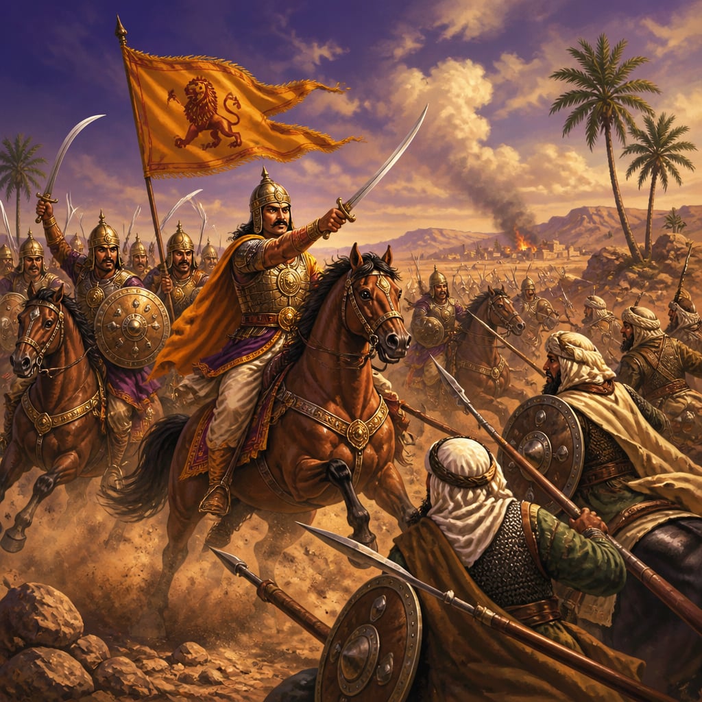 Dantidurga leading his cavalry against Arab raiders
