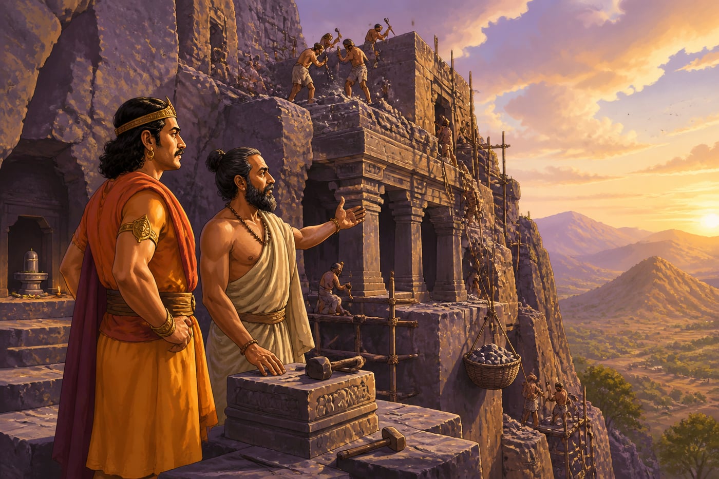 Dantidurga inspecting early Rashtrakuta excavations at Ellora