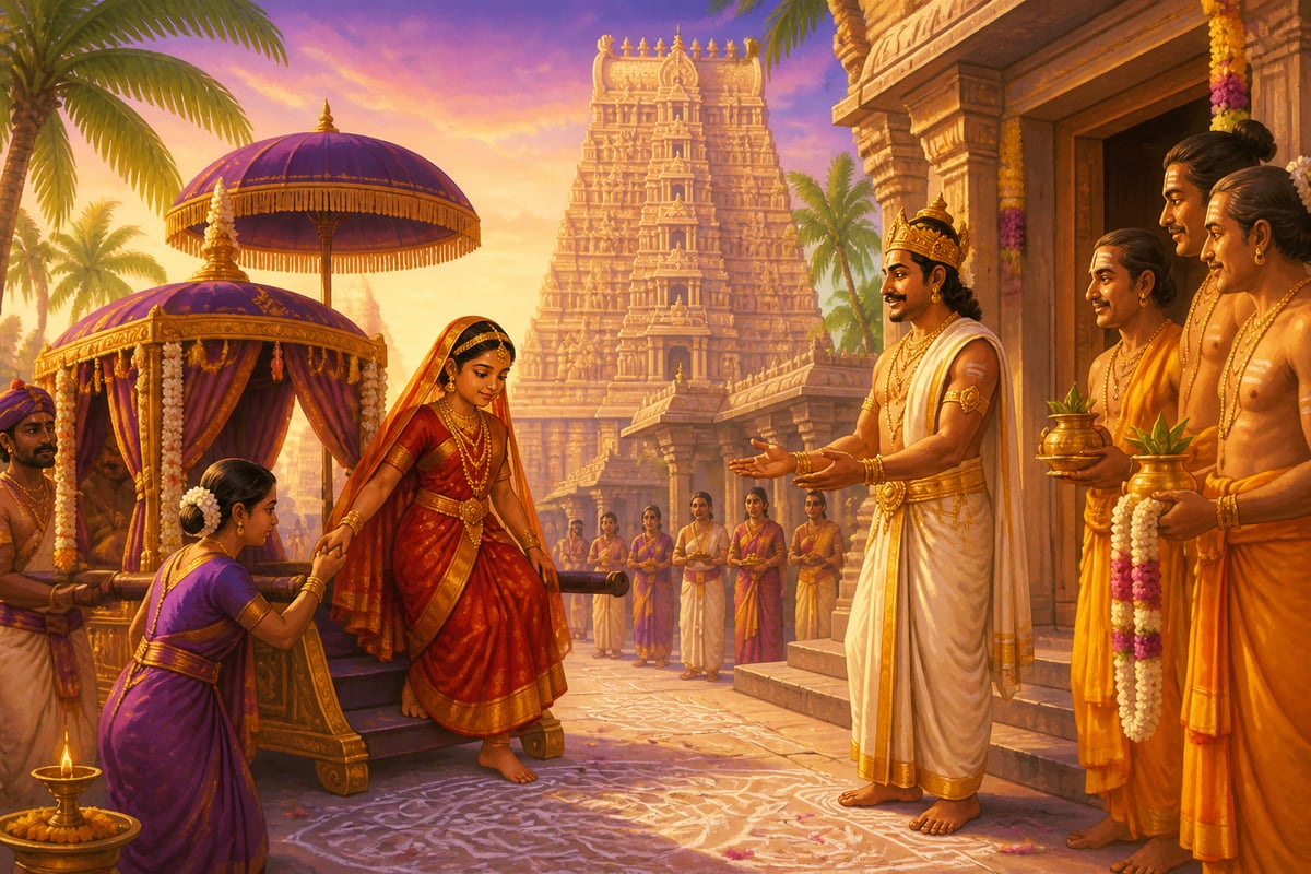Dantidurga's daughter arriving at Kanchipuram for the Pallava alliance