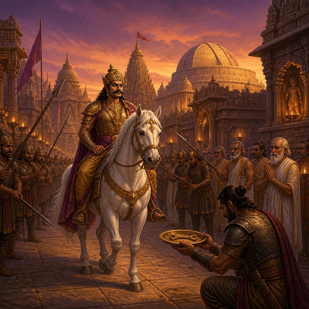 Dantidurga riding into the captured city of Ujjain