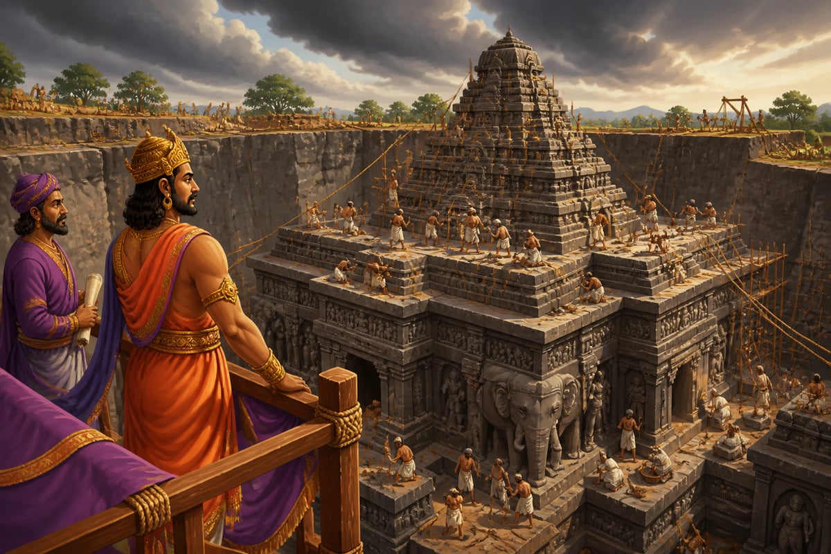 The Kailasa Temple monolithic shrine under construction at Ellora
