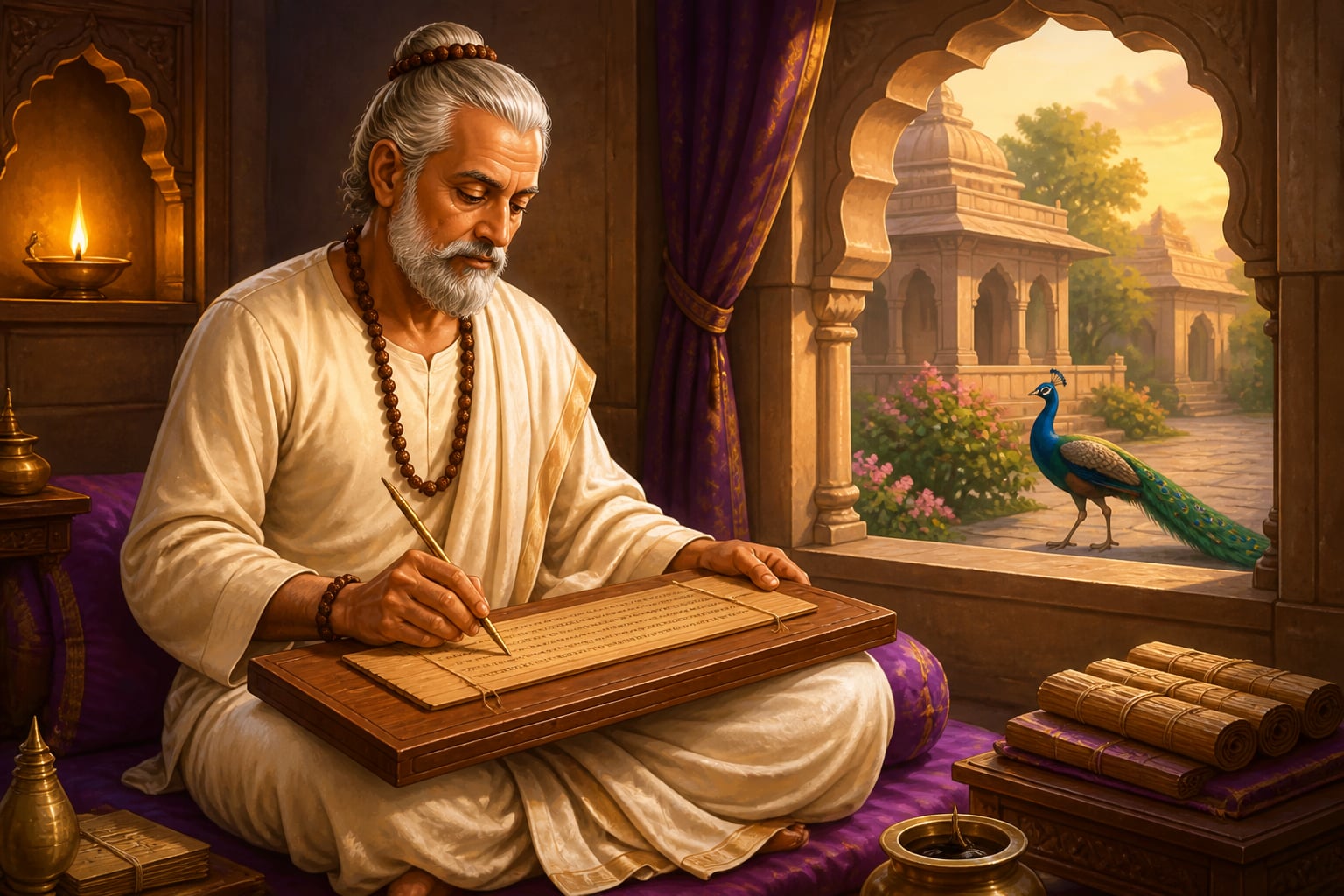 Amoghavarsha I composing the Kavirajamarga at his writing desk
