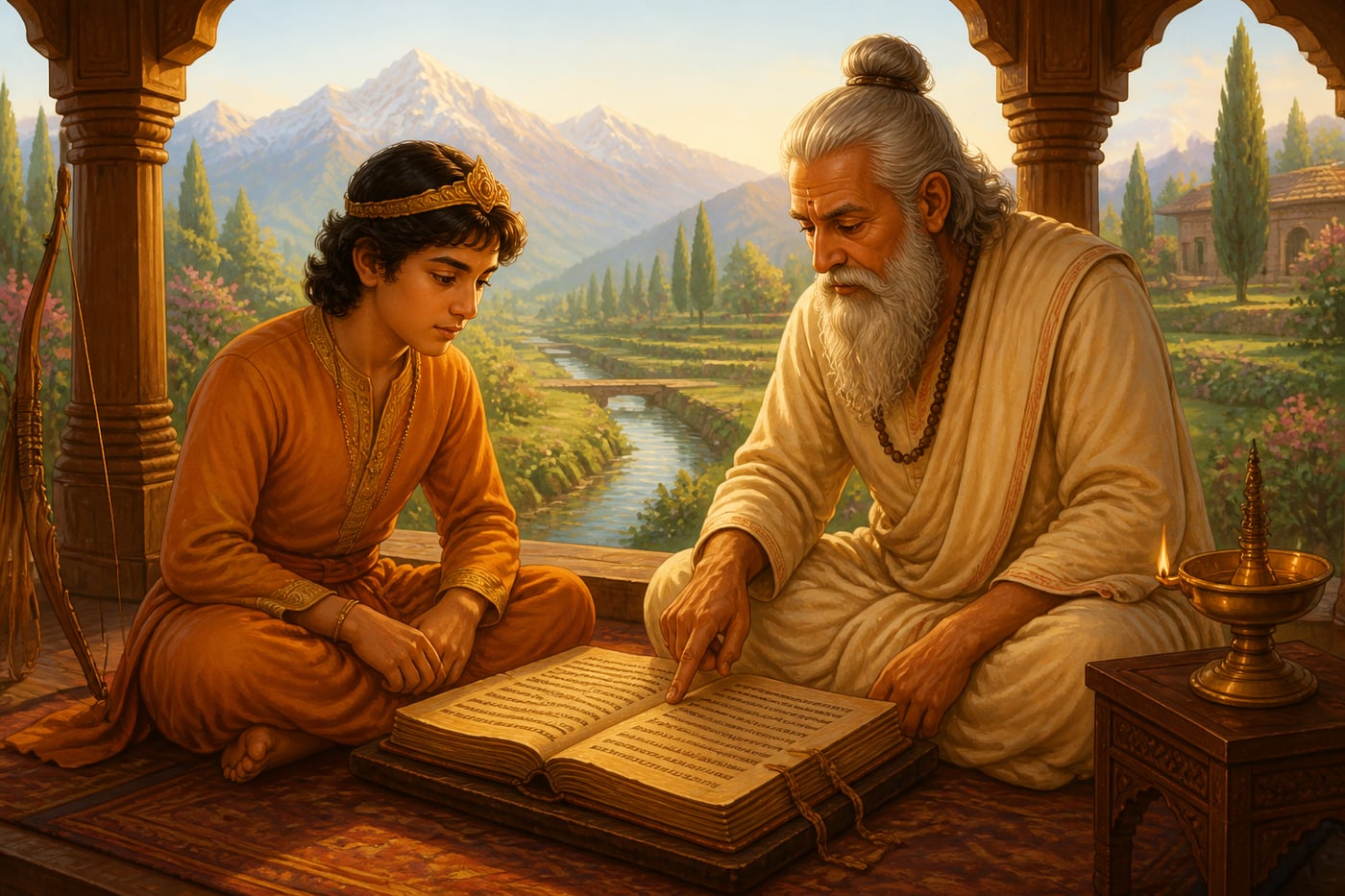 A teenage Lalitaditya studying under his acharya