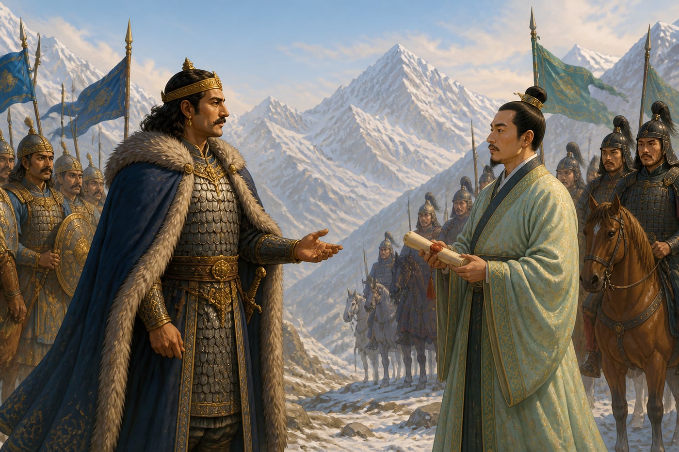 Lalitaditya conferring with a Tang Chinese envoy on the Karakoram pass