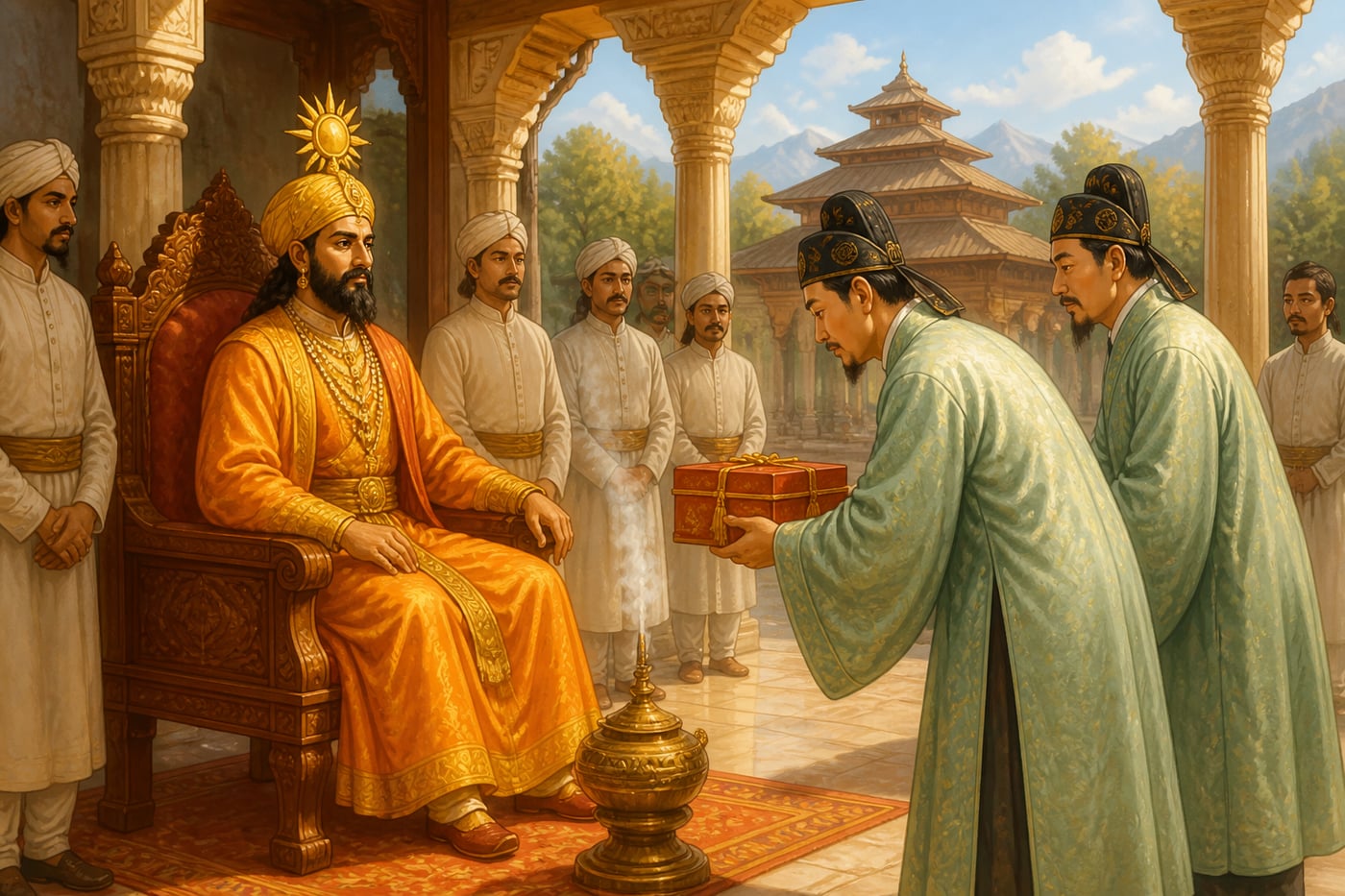 Tang Chinese envoys presenting gifts to Lalitaditya