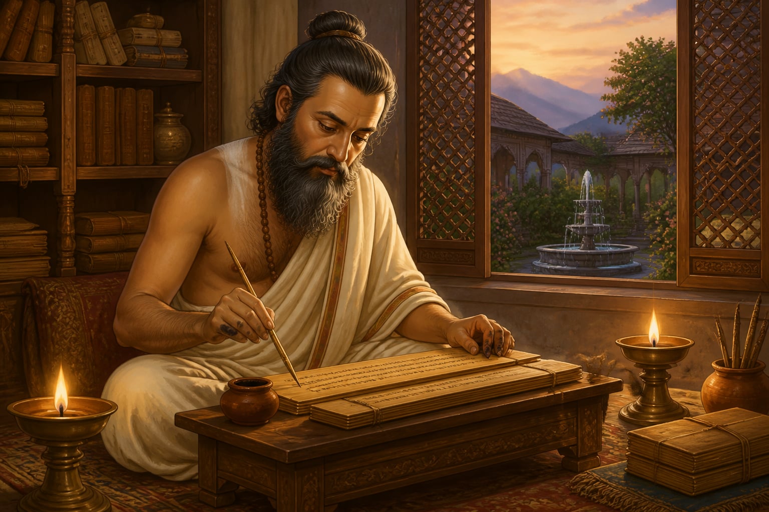 Bhavabhuti composing verses in his Kashmir study