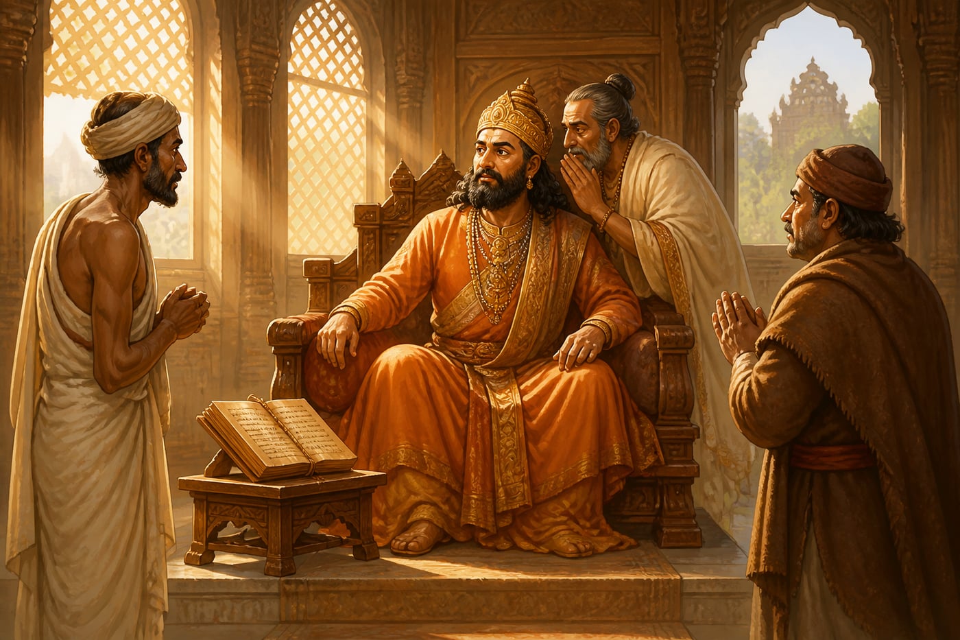 Lalitaditya weighing a dharmic case in his audience hall