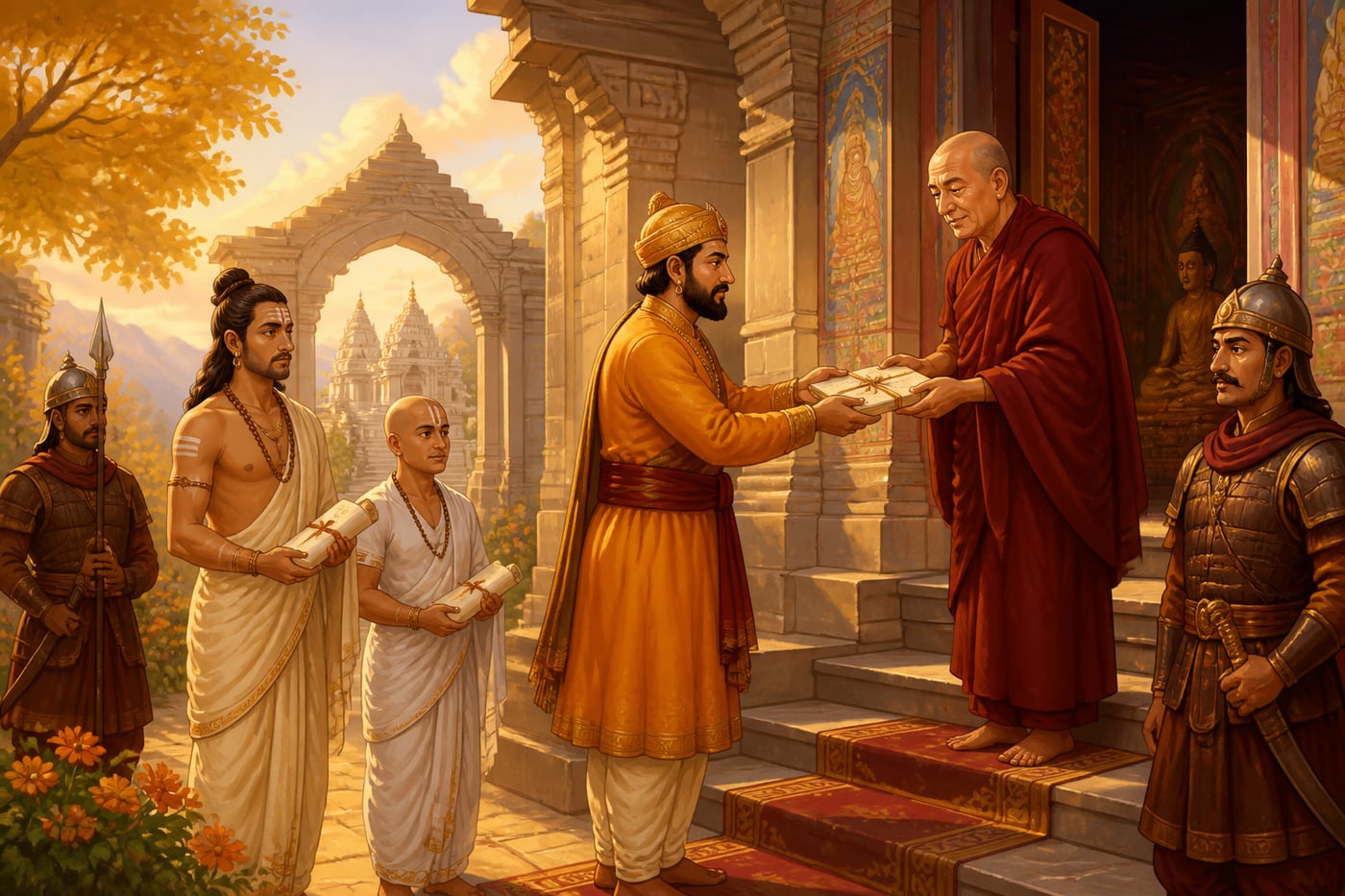 A Karkota official granting royal patronage to monks of three traditions
