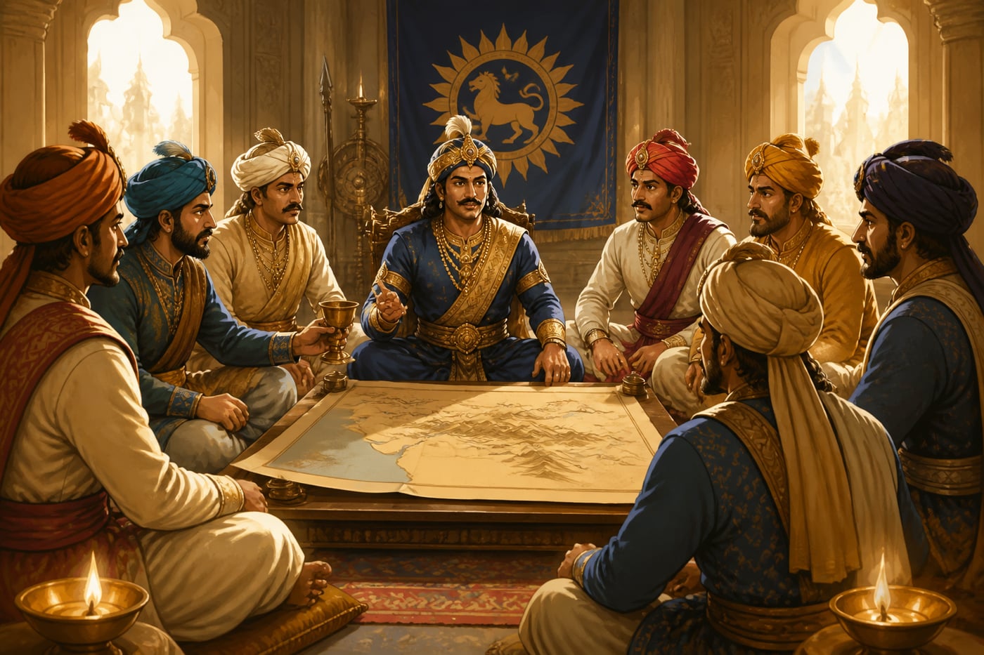 Nagabhata seated in council with allied Rajput and Gurjara chieftains