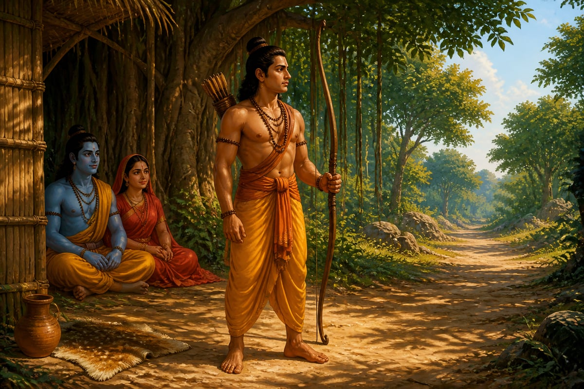 Lakshmana standing as pratihara doorkeeper at Rama's forest hermitage