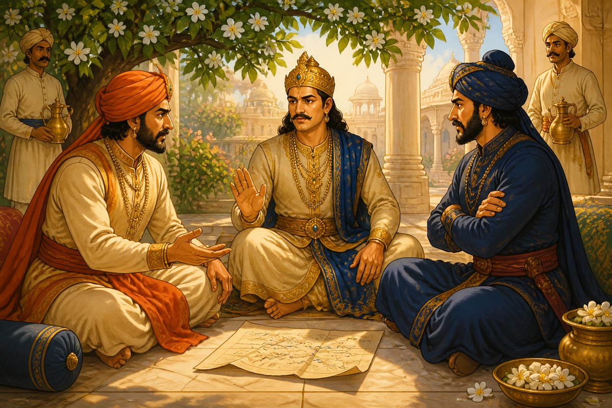 Nagabhata mediating a land dispute between two allied chieftains