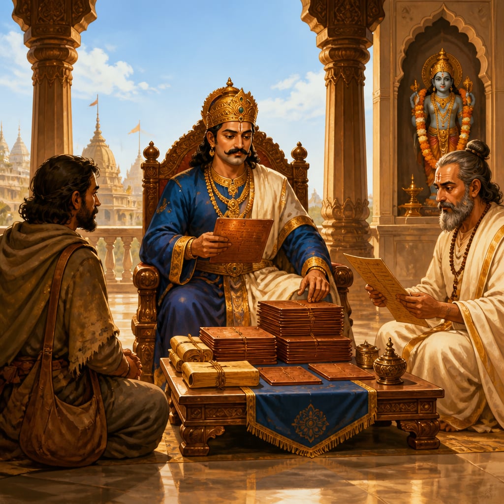 King Nagabhata I holding court at Ujjain reviewing grants and treaties