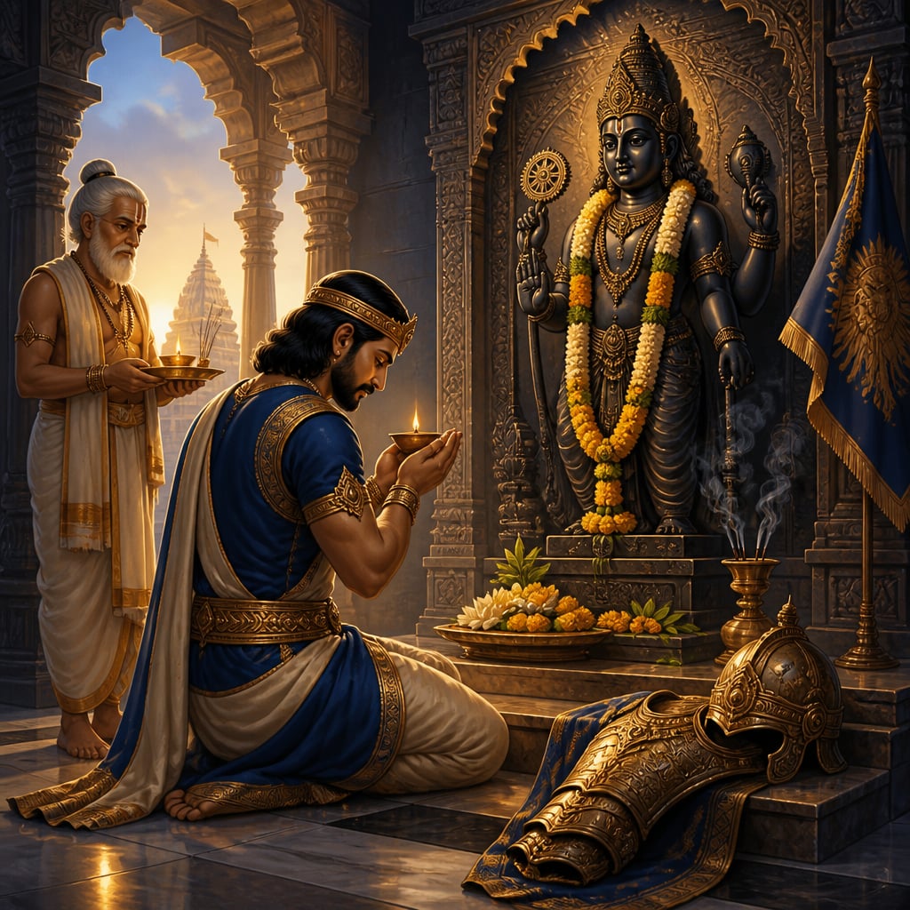 Nagabhata I in devotion before the Vishnu shrine at dawn