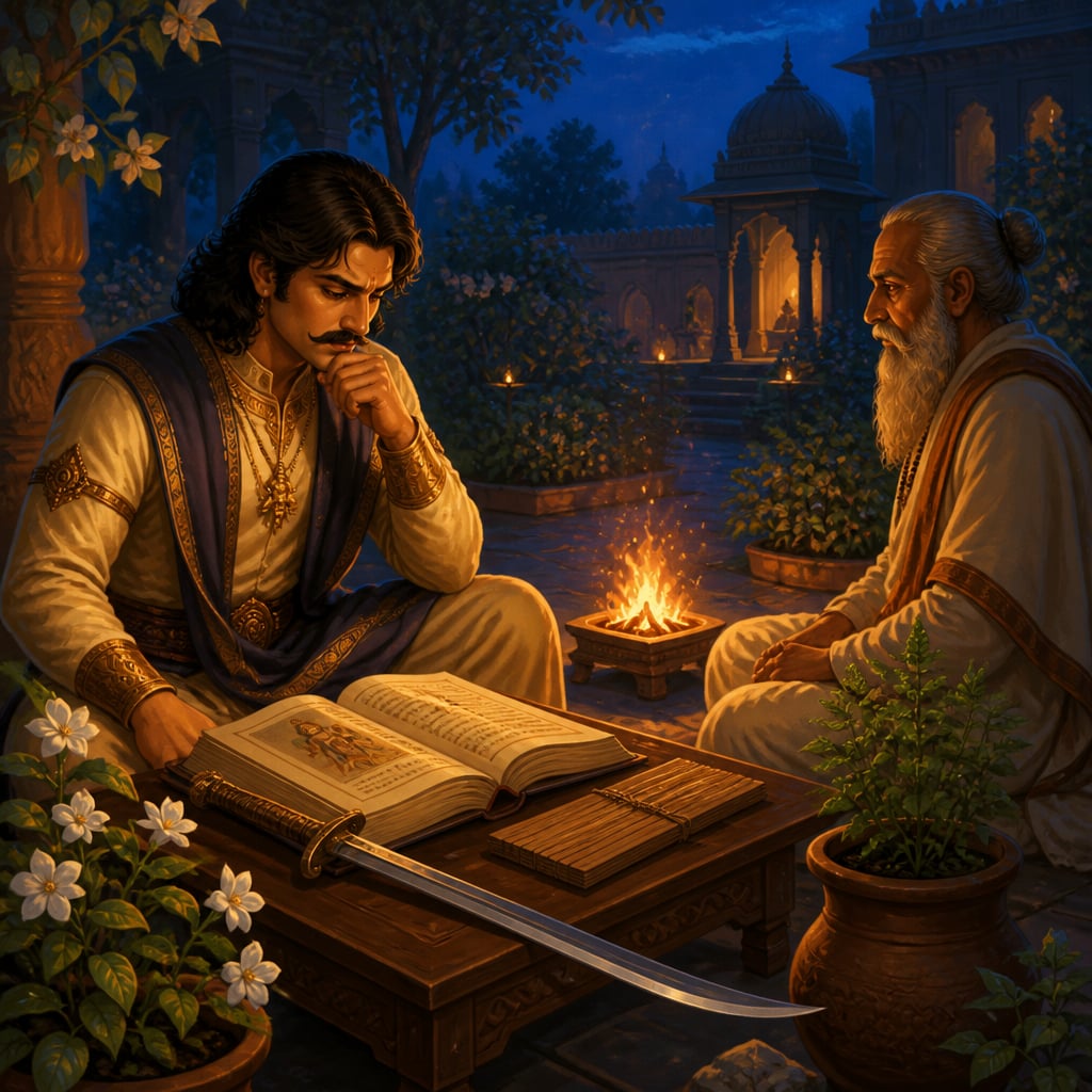 Nagabhata I in solitary dharmic deliberation by the council fire