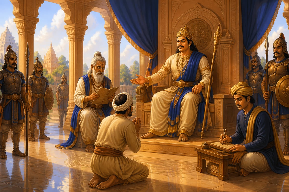 Nagabhata dispensing justice with the danda staff in his audience hall