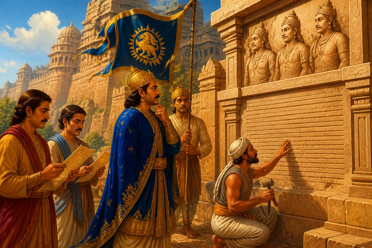 Emperor Mihira Bhoja inspecting the carved Gwalior Prasasti