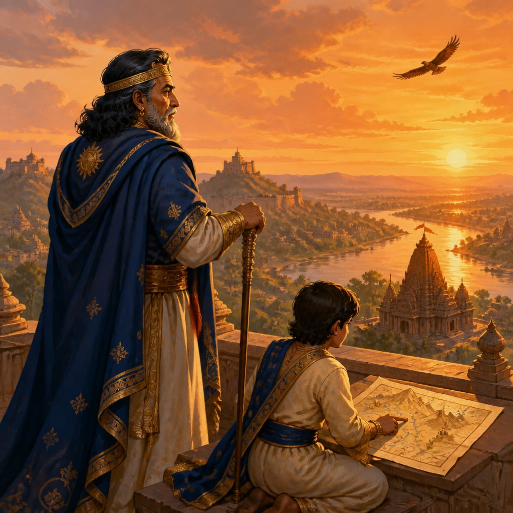 Aged Nagabhata I surveying his dynasty from the Ujjain terrace at sunset