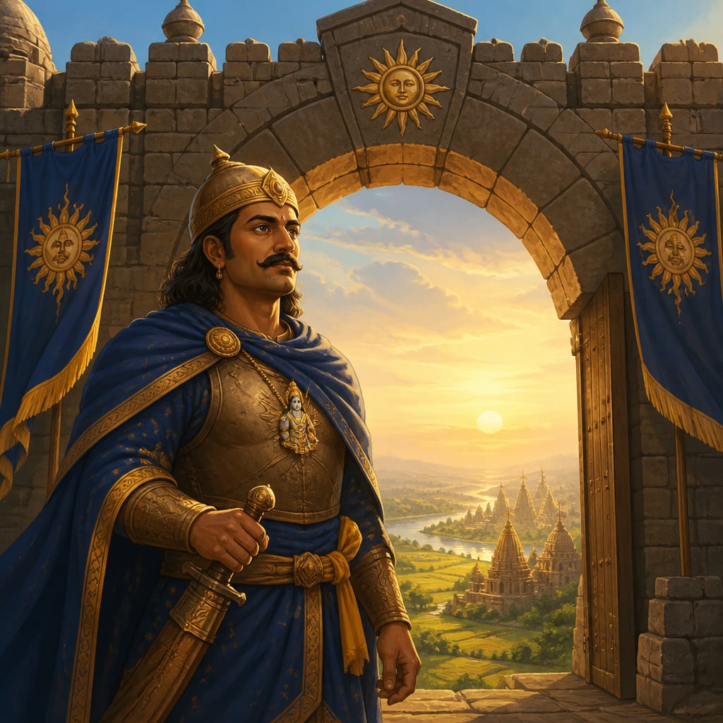 Nagabhata I as enduring guardian at the frontier fortress gate
