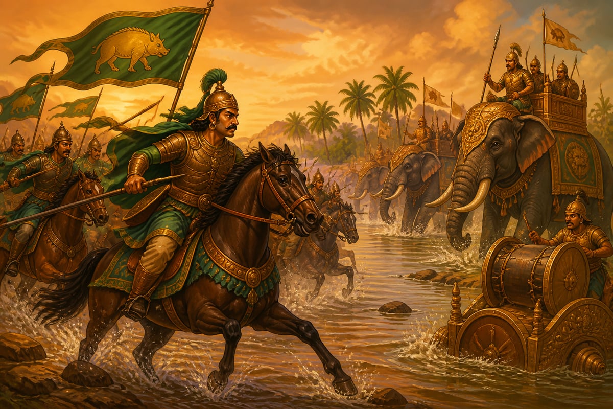 Chalukya cavalry clashing with Pallavas at the southern frontier