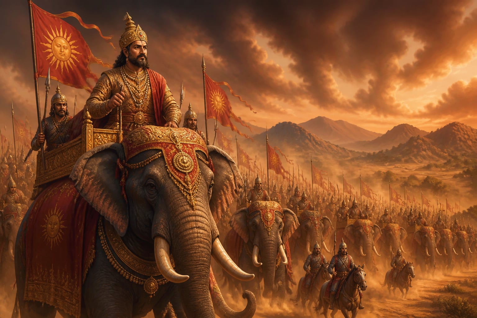 Harshavardhana marching south with his elephant army