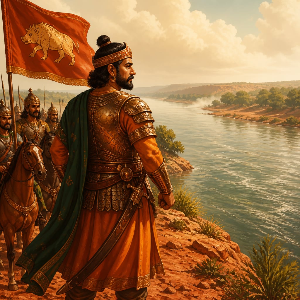 Pulakeshin holding the southern bank of the Narmada