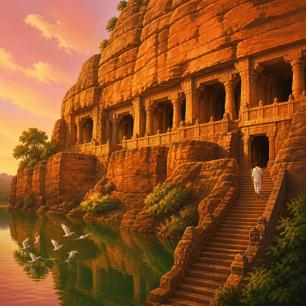 Badami cave temples above the Agastya Lake at dawn