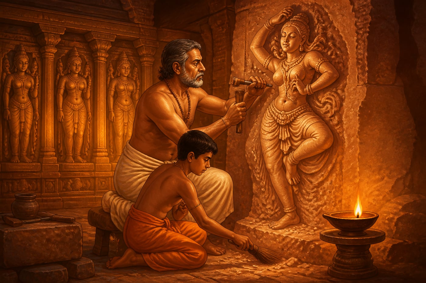 Chalukya shilpins carving sculpture at Pattadakal