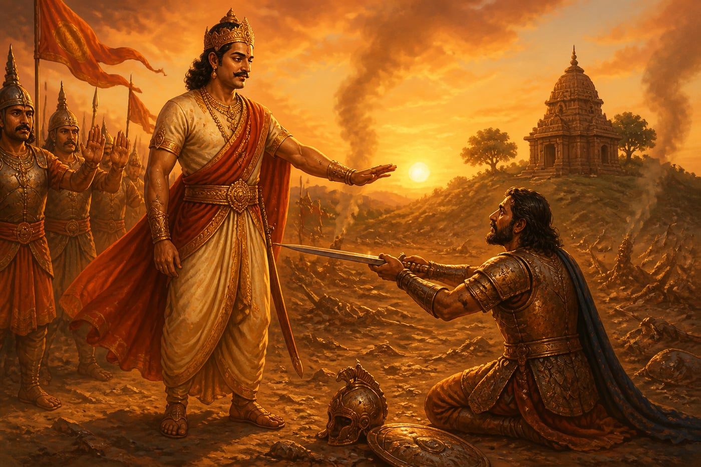 Pulakeshin sparing a defeated Pallava king on the battlefield