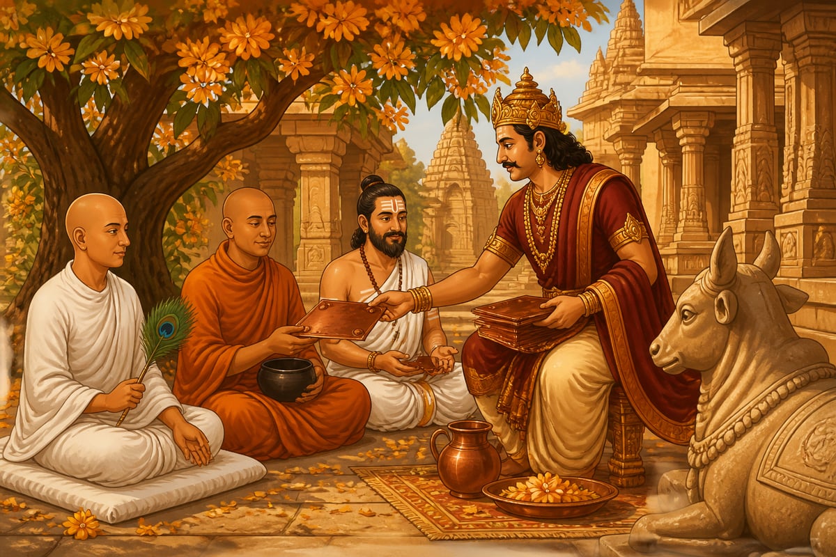 Pulakeshin patronizing three faiths together in a temple courtyard