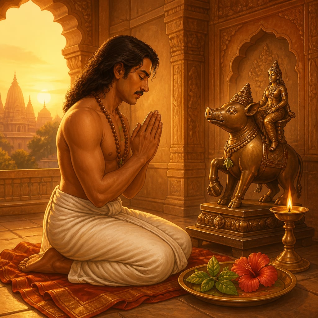 Pulakeshin praying before a bronze Varaha icon in his private shrine