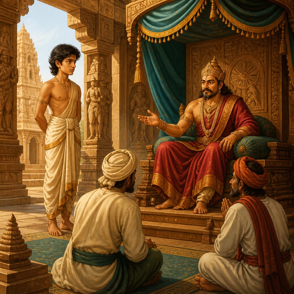 Young prince Vijayaditya observing the Chalukya court