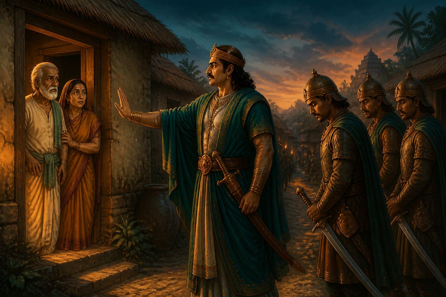 Vikramaditya halting his soldiers in a Pallava village