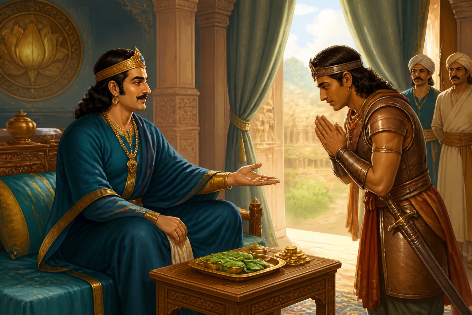 Vikramaditya welcoming Dantidurga in alliance
