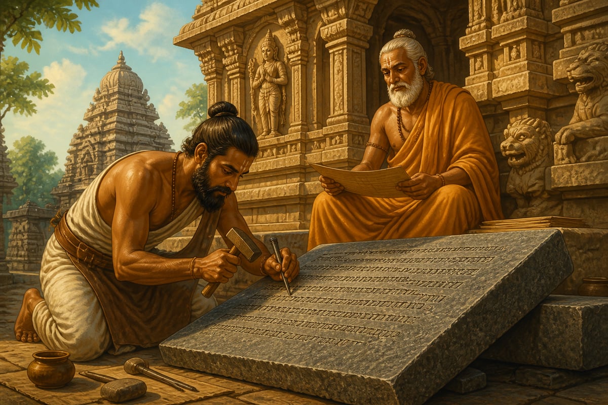 Carving the Kailasanatha inscription at Kanchi