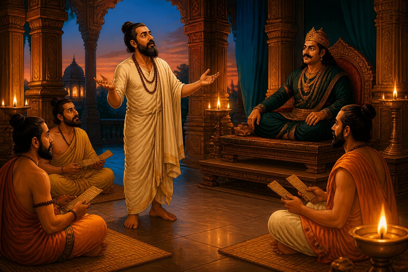 Sanskrit poet reciting at the Chalukya court