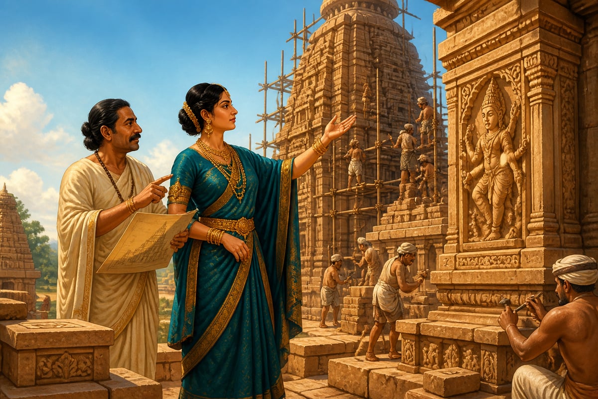 Queen Lokamahadevi inspecting Virupaksha construction
