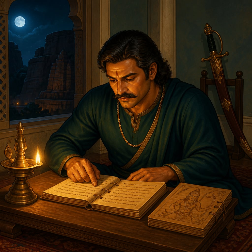 The philosopher king at study with palm-leaf manuscripts