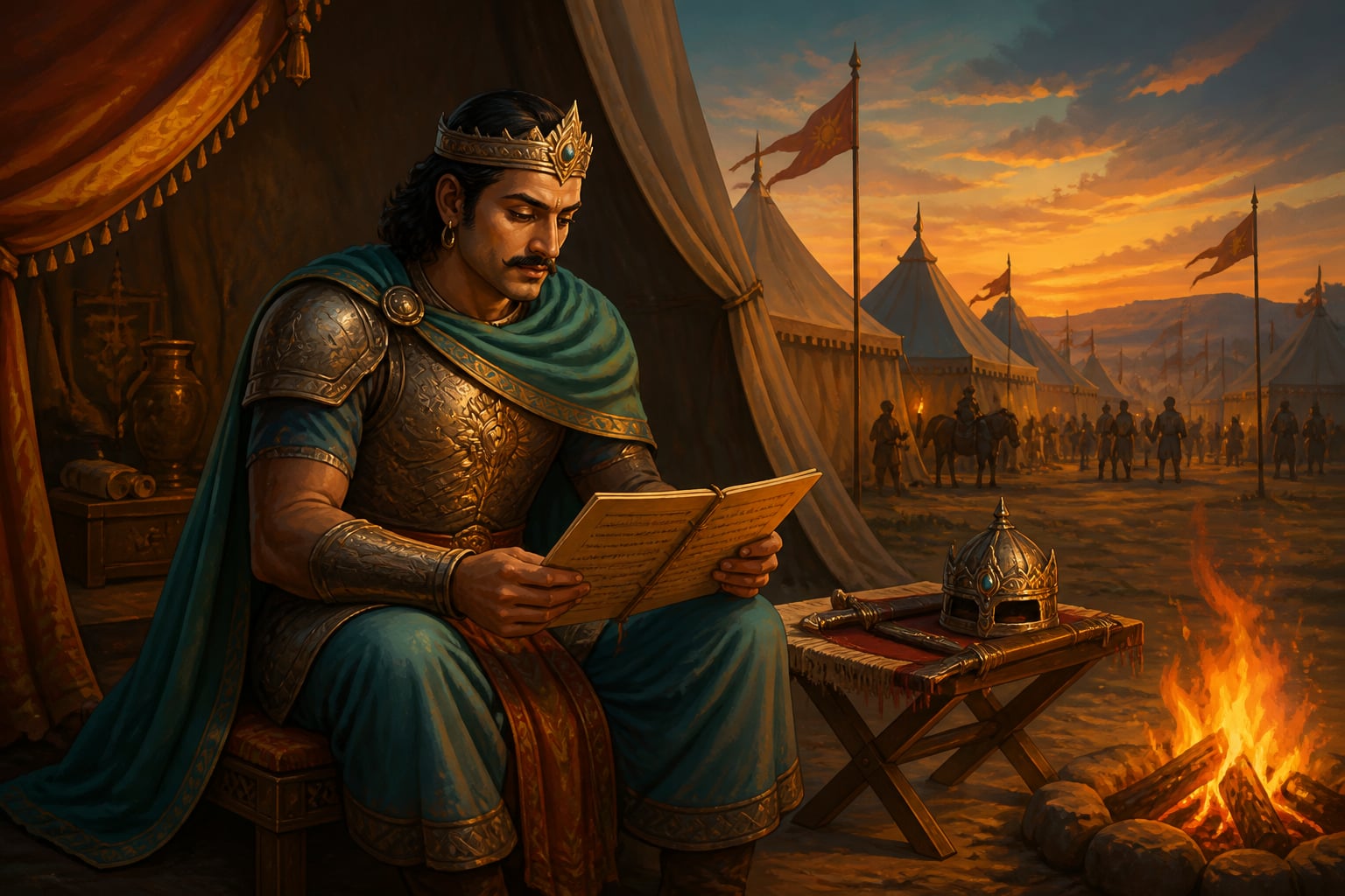 Vikramaditya reading in armor at his campaign camp