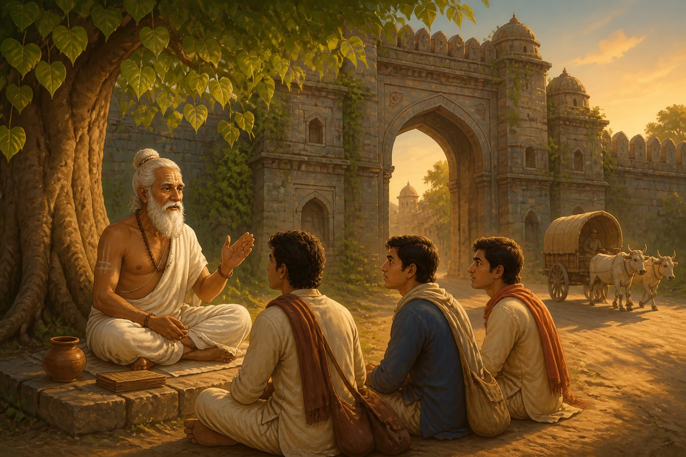 An old Brahmin telling stories beneath a pipal tree at Kannauj's southern gate