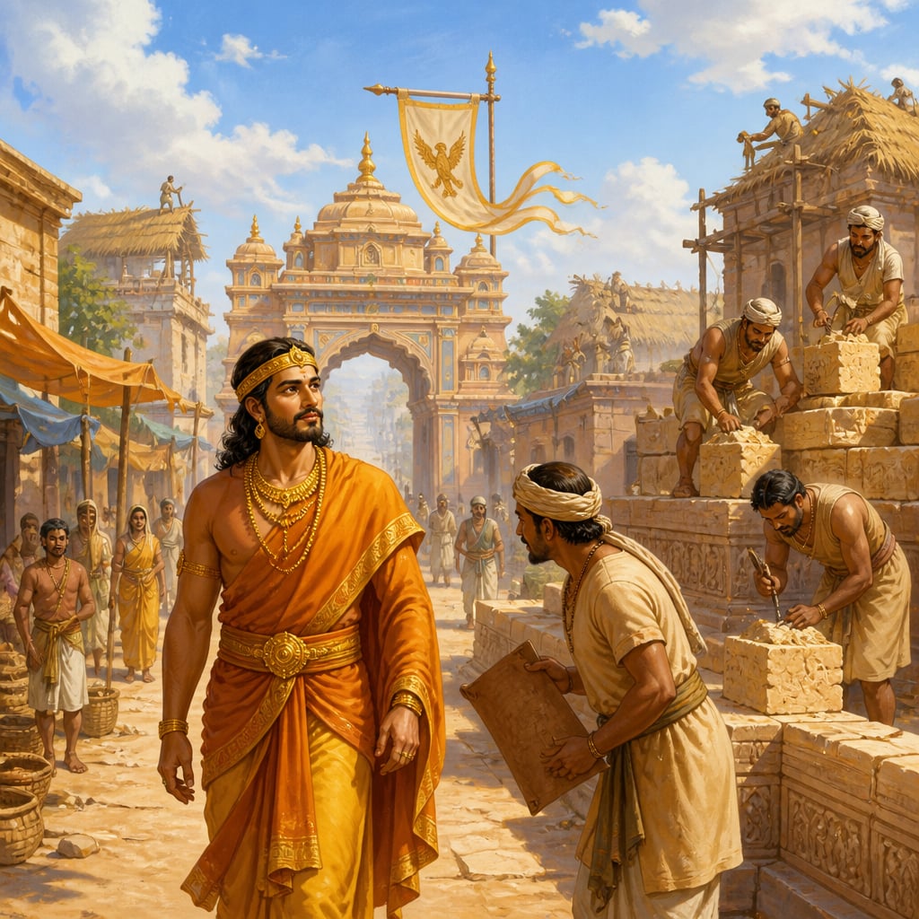 King Yashovarman walking through a rebuilt market street in Kannauj