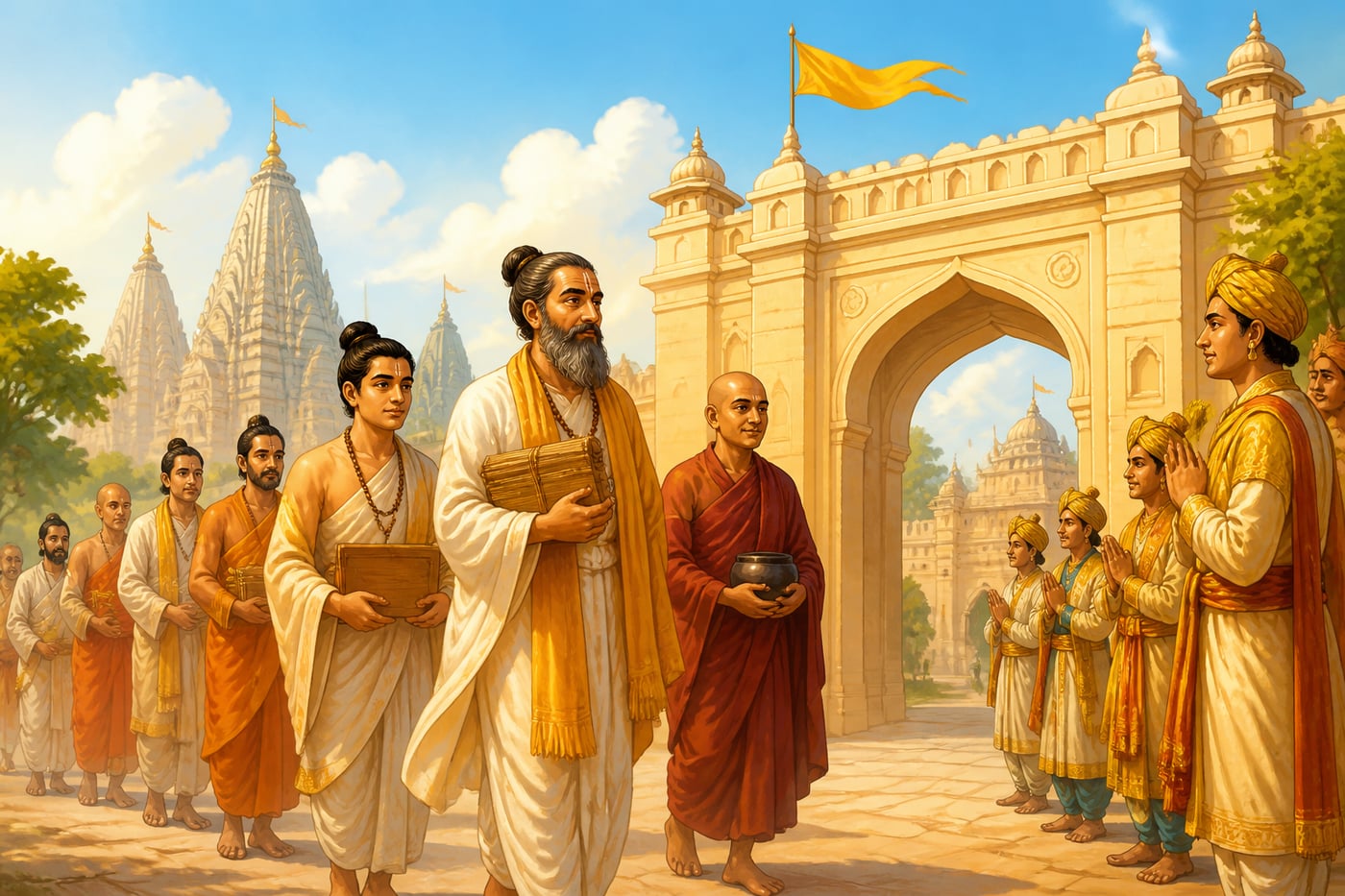Sanskrit scholars arriving at the restored eastern gate of Kannauj