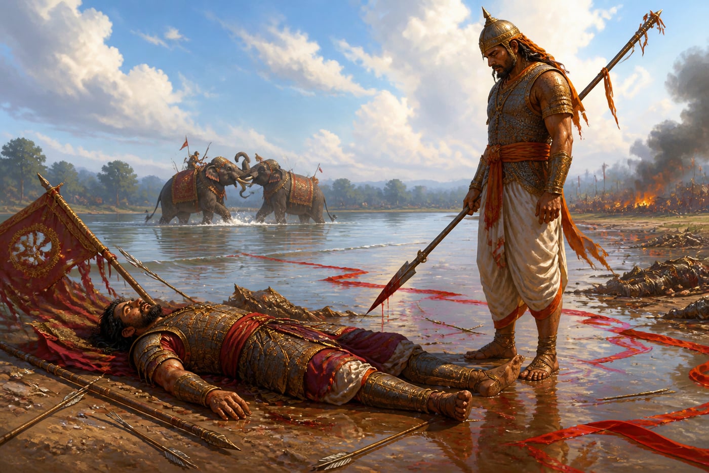The fallen Gauda king on the bloodied bank of the Ganga