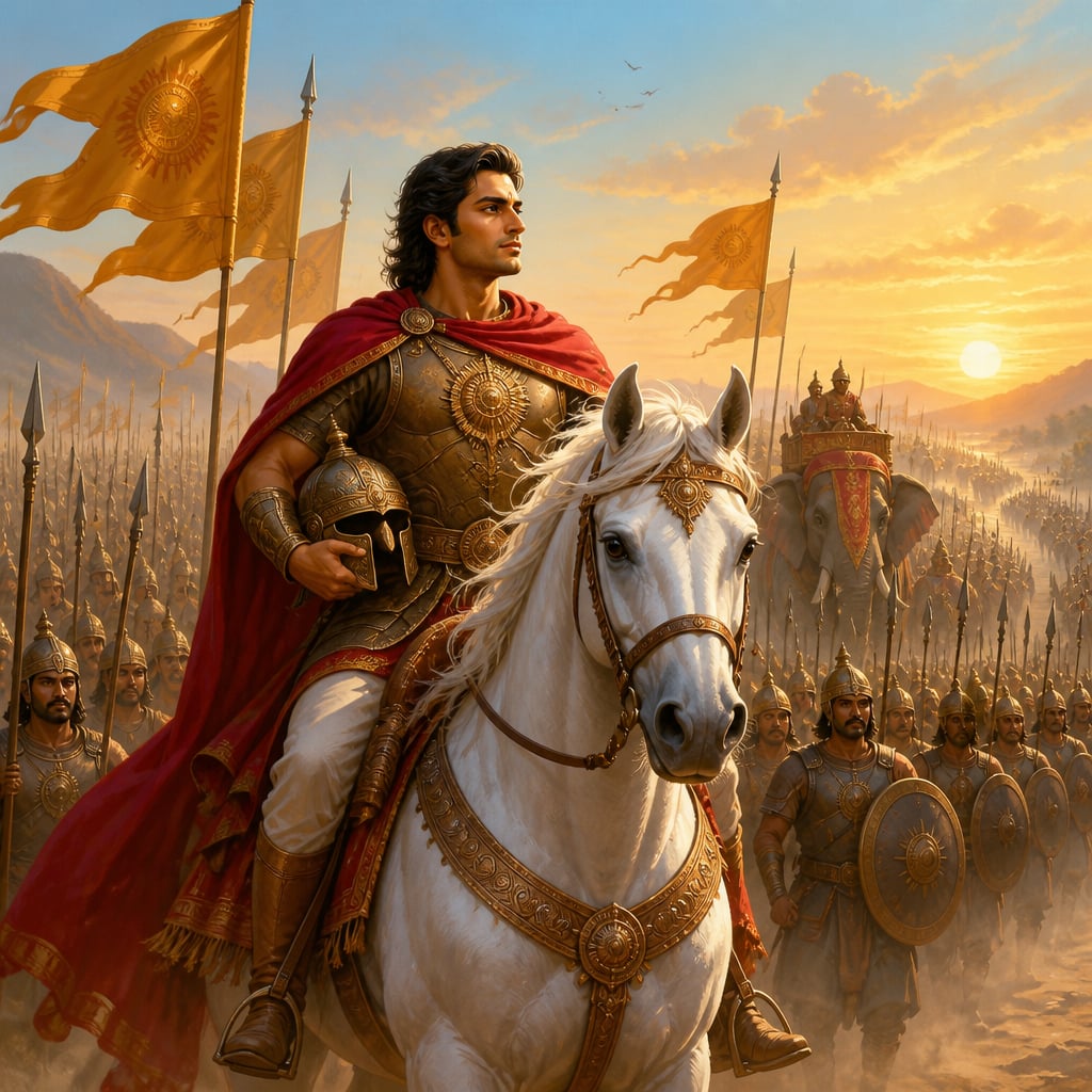 King Yashovarman at the head of his marching army at sunrise