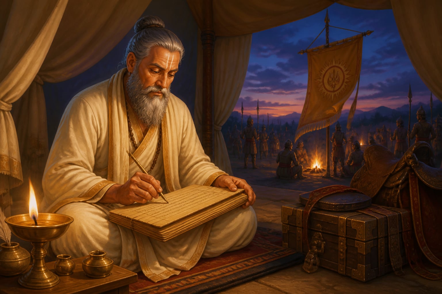 Vakpati composing the Gaudavaho in a campaign pavilion at dusk
