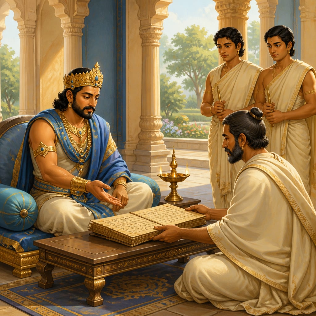 King Yashovarman reviewing a revenue ledger with a senior mahamatra
