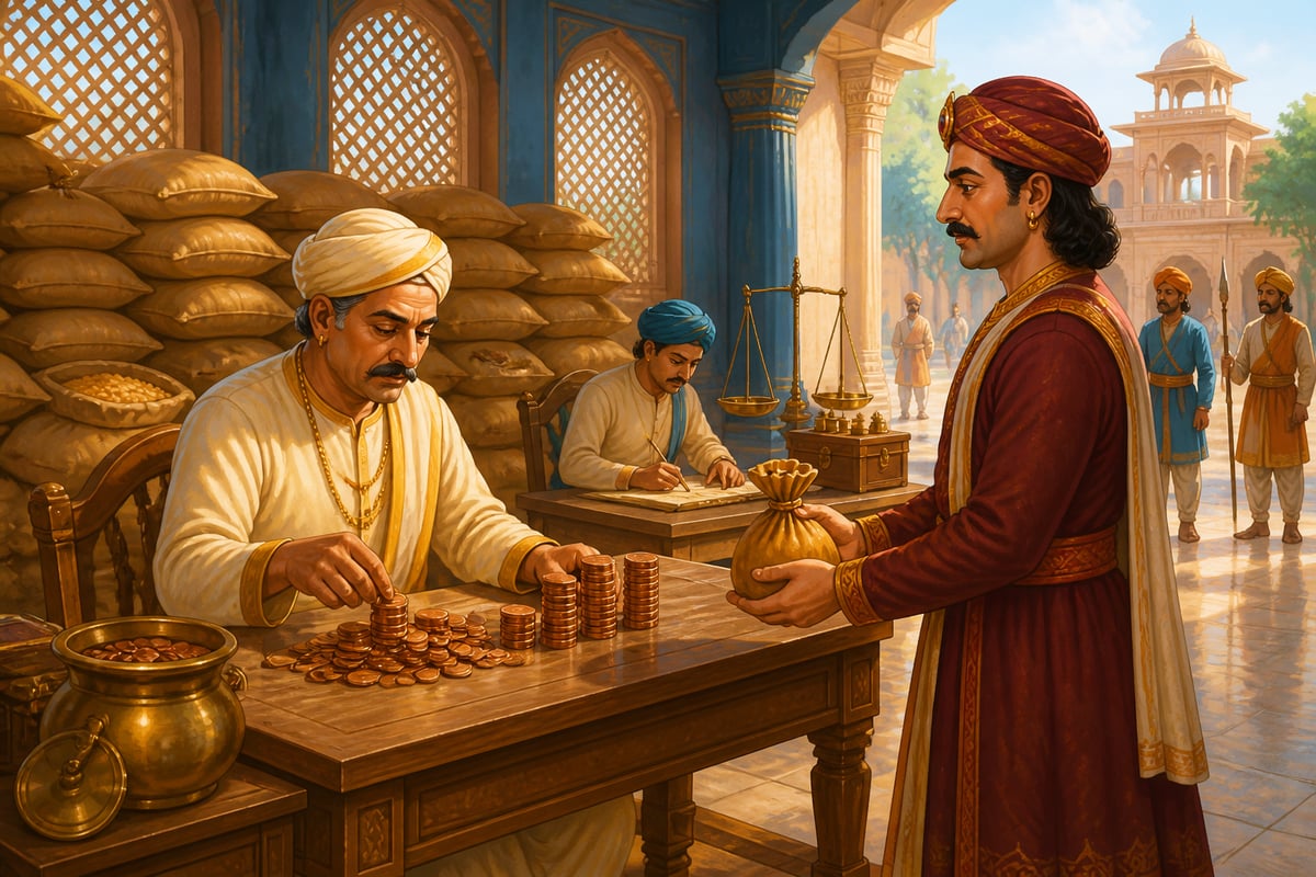 A royal treasury courtyard receiving the bhaga and tribute