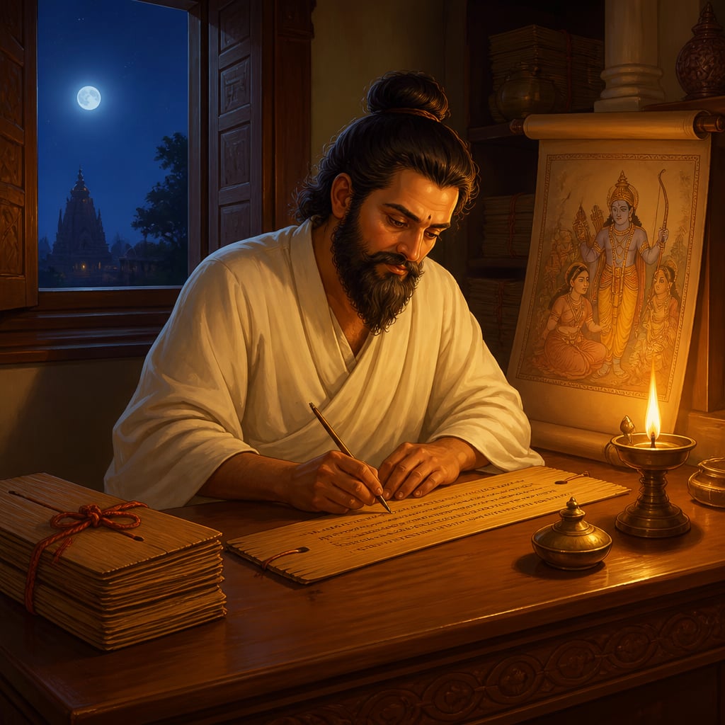 The poet Bhavabhuti writing the Uttararamacharita by lamplight