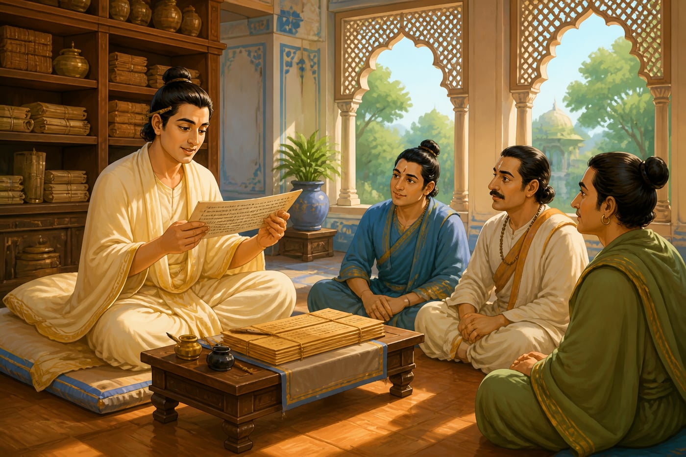 Vakpati reading the Gaudavaho aloud in the palace library