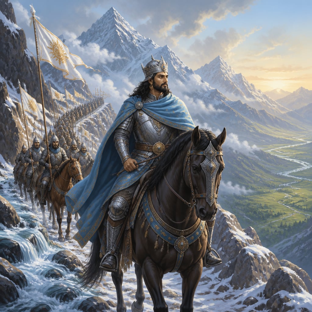 Lalitaditya of Kashmir descending a mountain pass at dawn